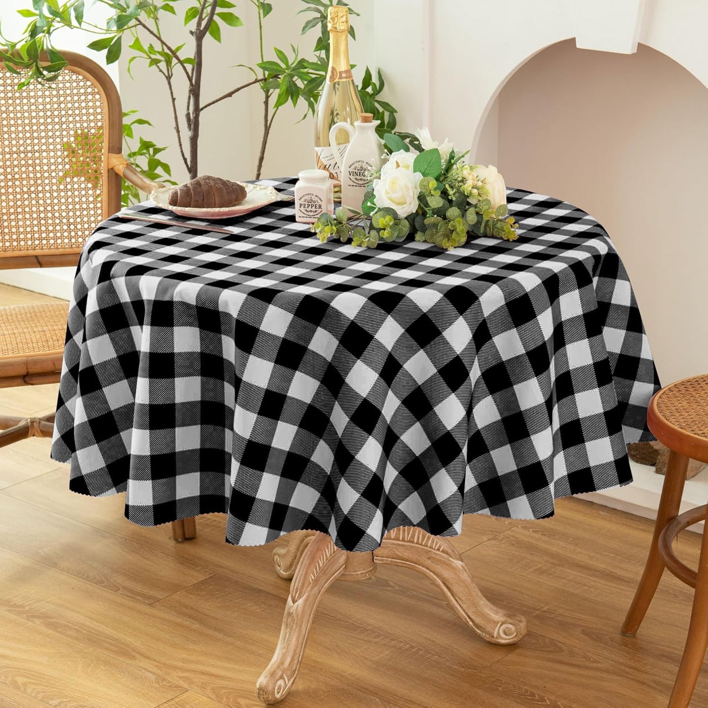 Waterproof Plaid Tablecloth Fabric - Round 70 Inch Classic Gingham Checker Table Cloth for Indoor/Outdoor Use - Buffalo Table Cover for Picnics, BBQs, and Parties