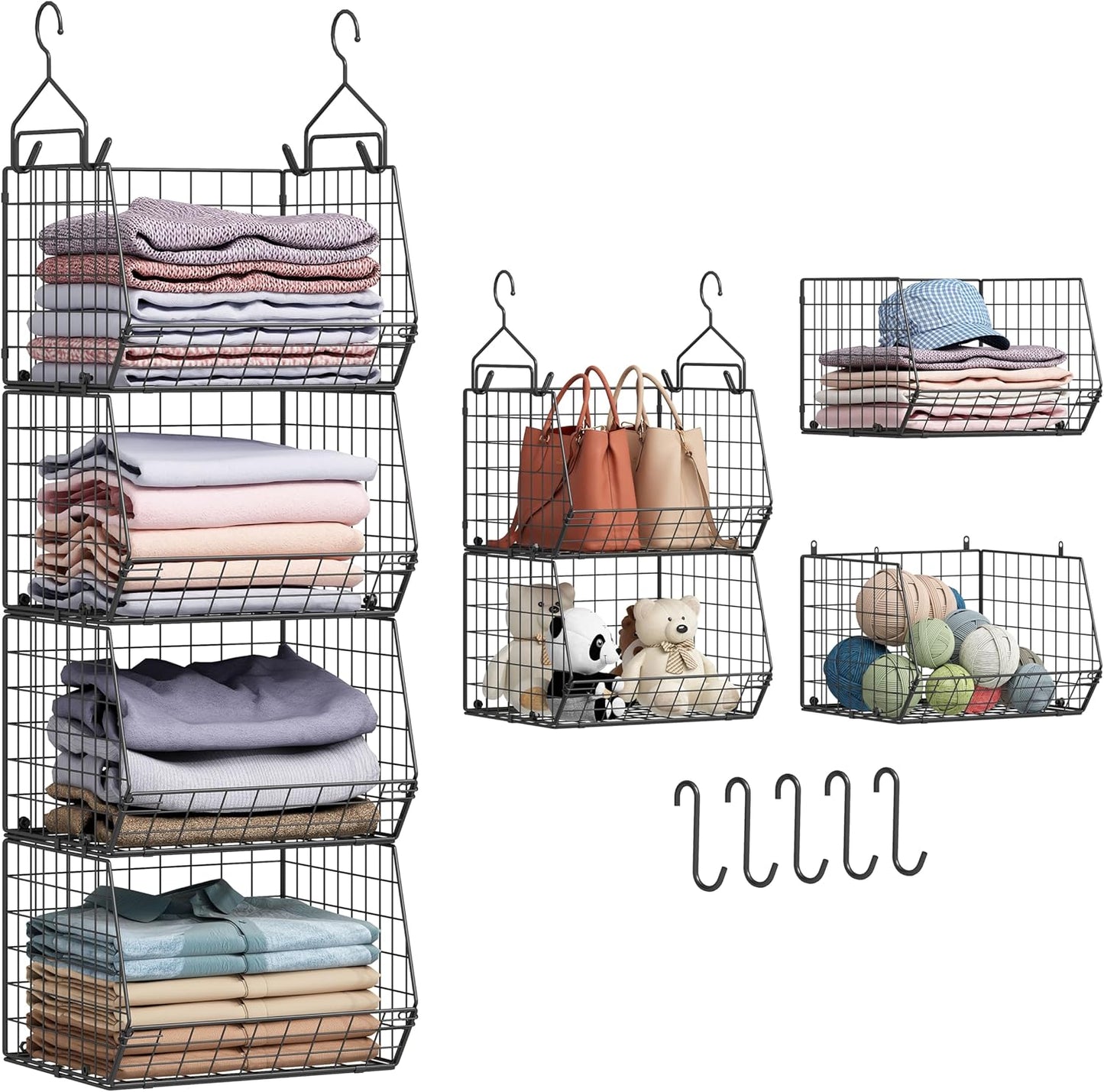 4 Tier Closet Hanging Organizer, Closet Organizers and Storage with 5 S Hooks, Closet Hanging Shelves & Freestanding Wire Storage Basket Bins, for Clothing Shoes Handbags Clutches Accessories Patent