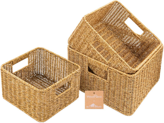 myHomeBody Wicker Storage Basket, Storage Cubes, Woven Baskets for Organizing, Resin Wicker Set of 3, Tan