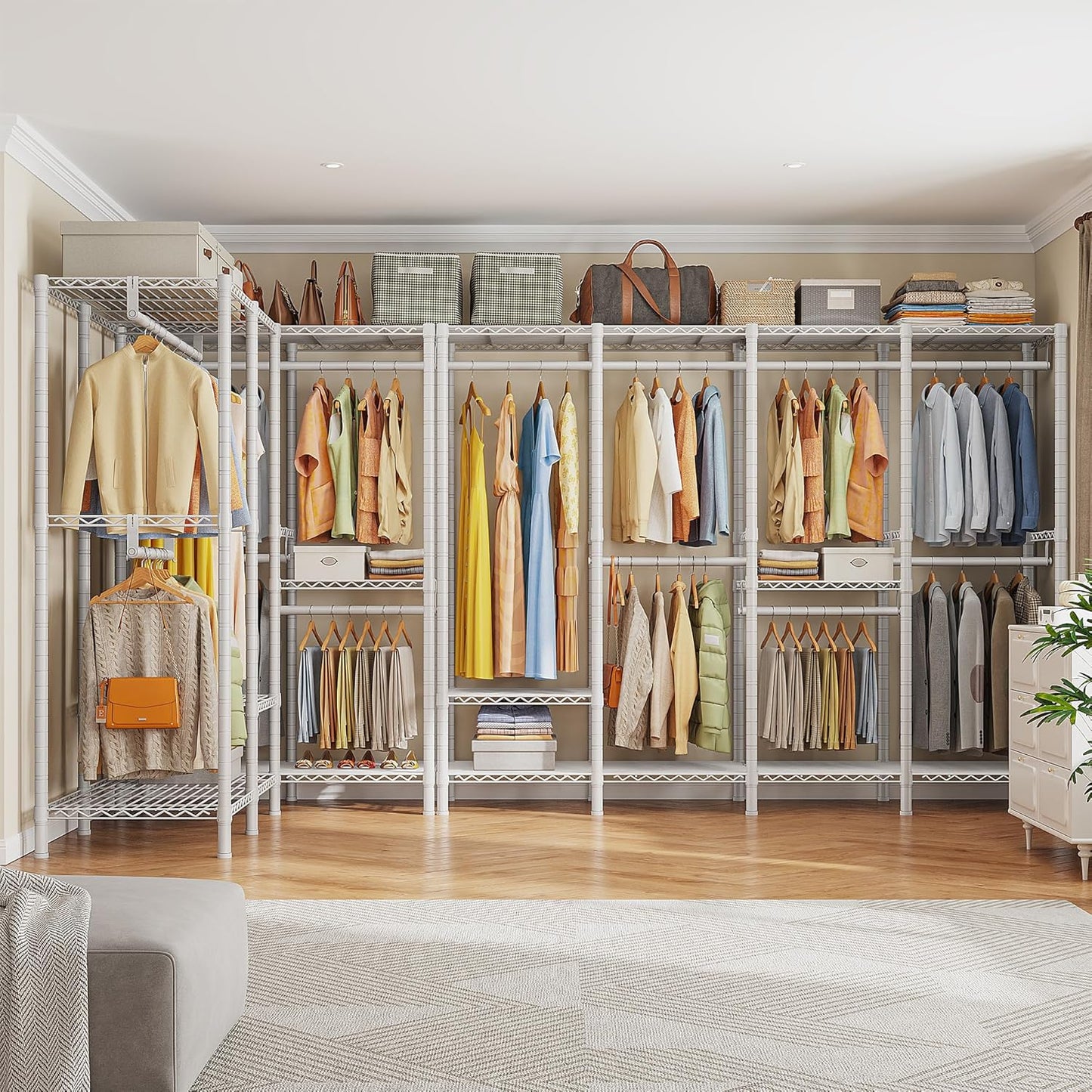 Raybee 76.9" H Clothes Rack Heavy Duty Loads 1100 LBS Metal Clothing Racks for Hanging Clothes Adjustable Garment Rack White,75.8" W*17.7" D*76.9" H