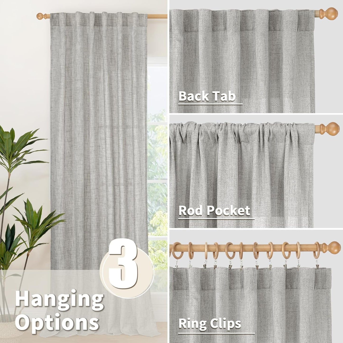 YoungsTex Dark Grey Linen Curtains 95 Inch Length for Living Room Back Tab Textured Window Drapes Light Filtering for Bedroom Rod Pocket, 52 X 95 Inch, 2 Panels