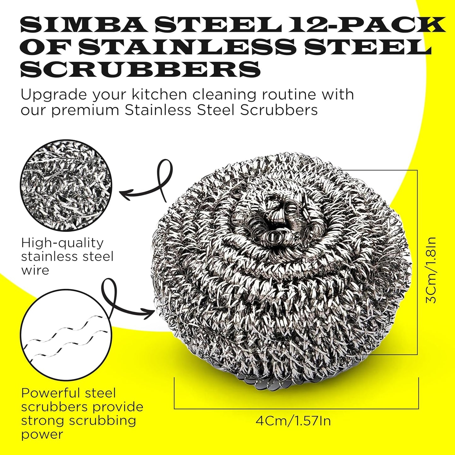 12Pcs Simba Stainless Steel Wool Scrubber Pads for Cleaning Pans, Pots, Dishes, Ovens, Grills, Sinks, Bathroom and Kitchen, Scourer 12 Pack