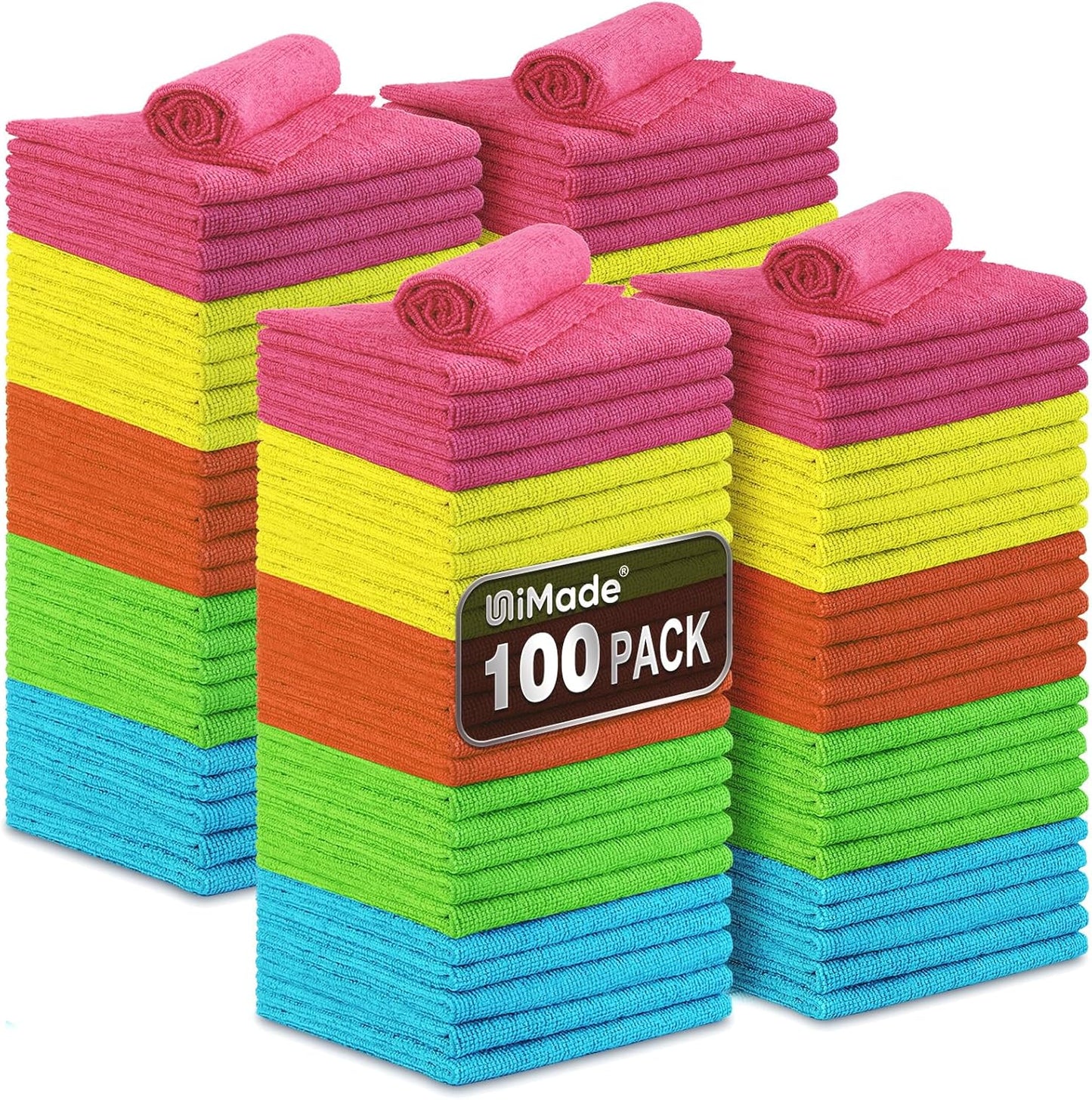 Microfiber Cleaning Cloth, 100PK Commercial Grade Work Rags Microfiber Towels for Cars Cleaning Rags Bulk Detailing Cloth for Automotive Bar Mechanic Restaurant Garage, 11.5"x11.5", Multicolor