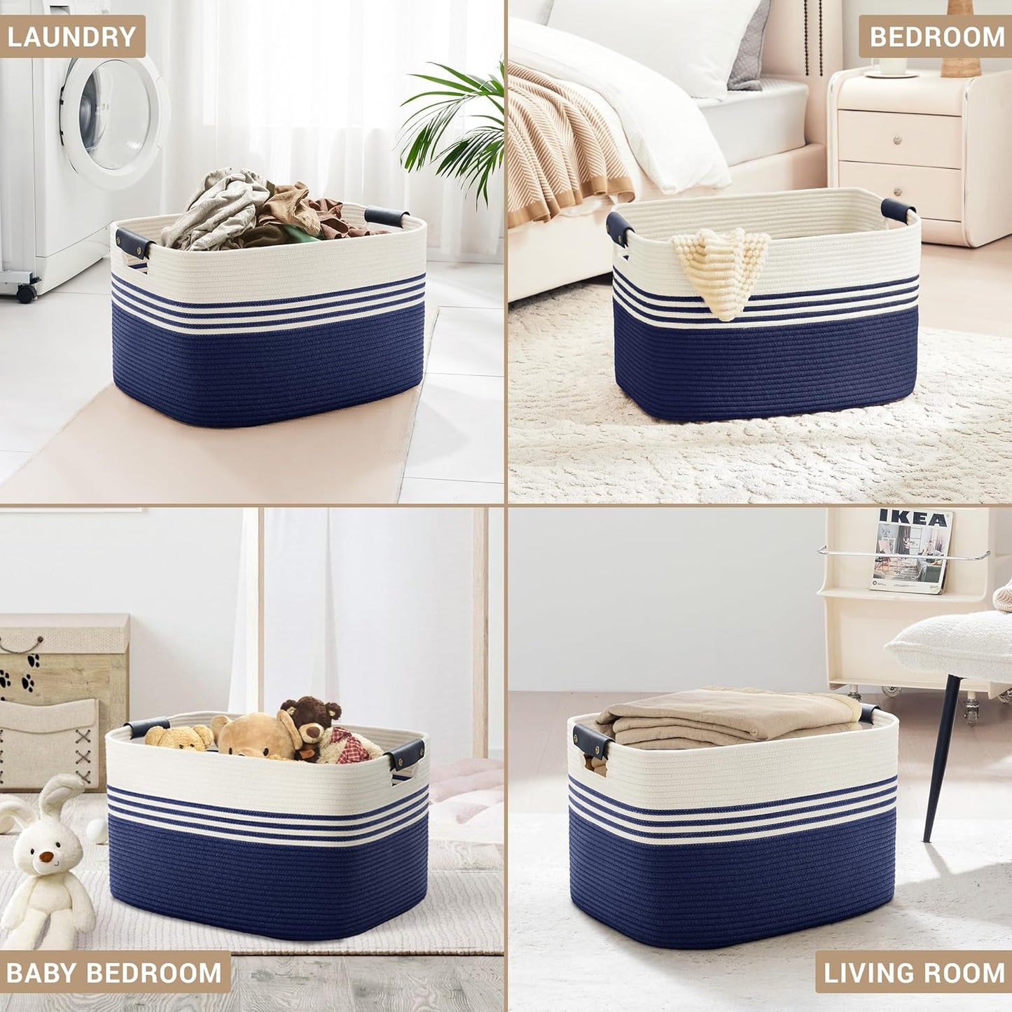 86L Extra Large Laundry Basket with Leather Handles for Living Room Storage, Woven Rope Baskets for Blanket, Kids Toy, Gifts, Wicker Hamper for Bedroom Dirty Clothes, 24"x16"x14" White Navy