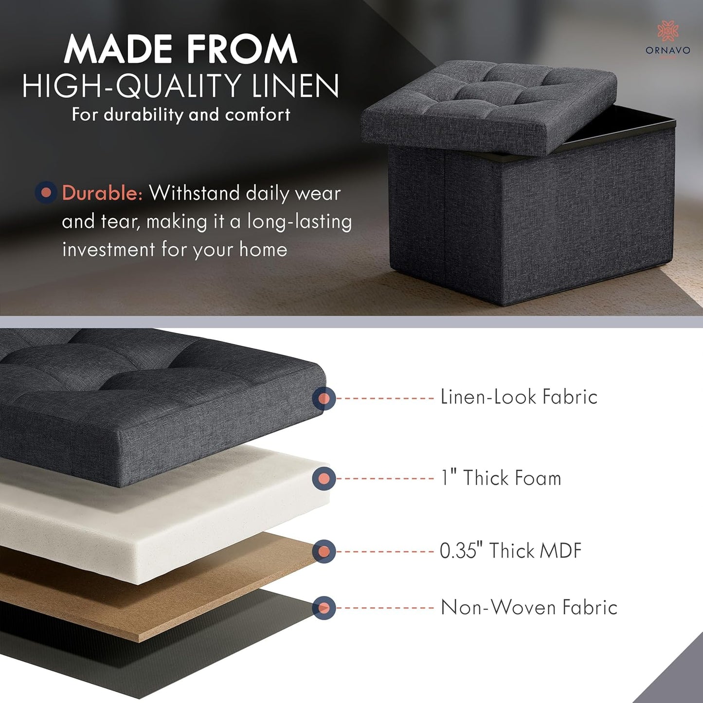 Ornavo Home Small Storage Ottoman Foldable Collapsible Rectangle Linen Ottoman Foot Rest Stool Seat, for Living Room, Bedroom, Home Office, Dorm - 12 x 16 x 12, Black