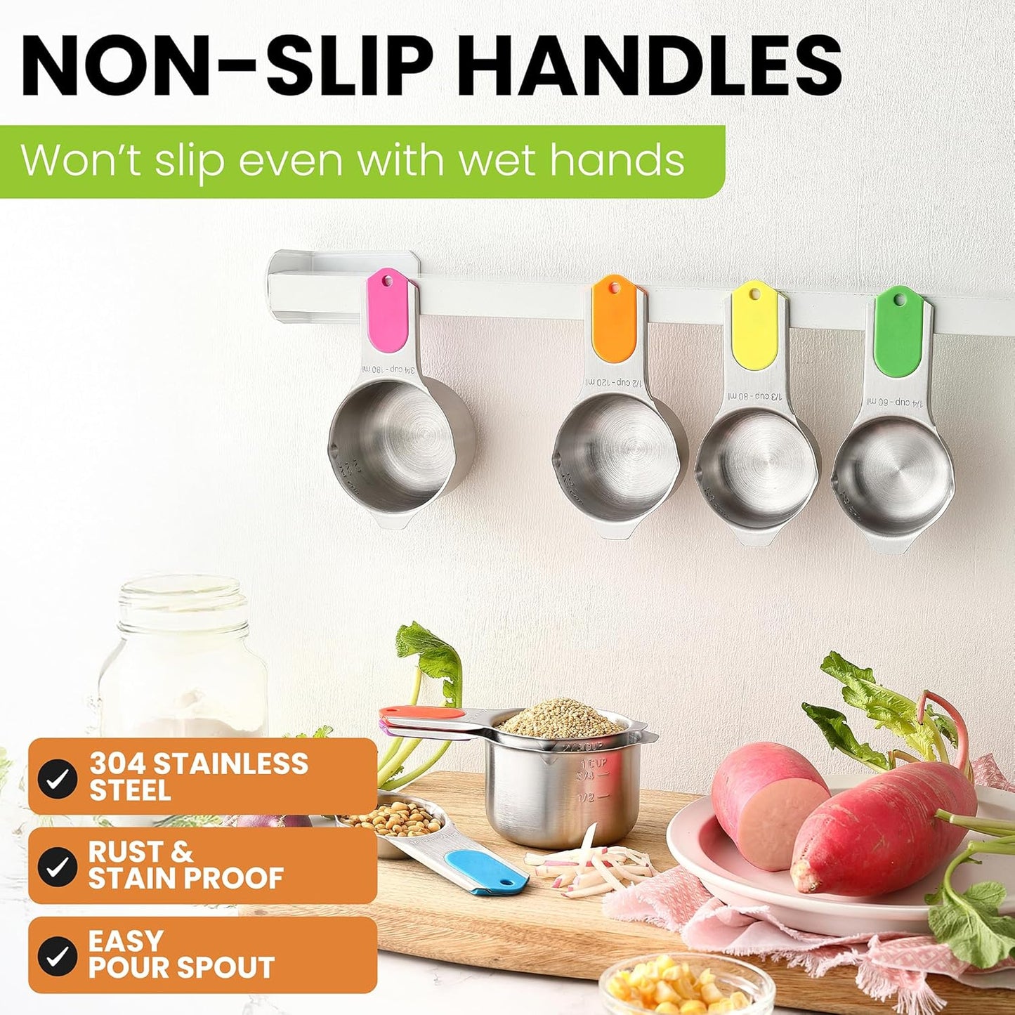 Spring Chef Magnetic Stainless Steel Measuring Cups, Patented, Kitchen Tools with Easy to Read Markings for Measuring Dry or Liquid Ingredients, Set of 7, Neon