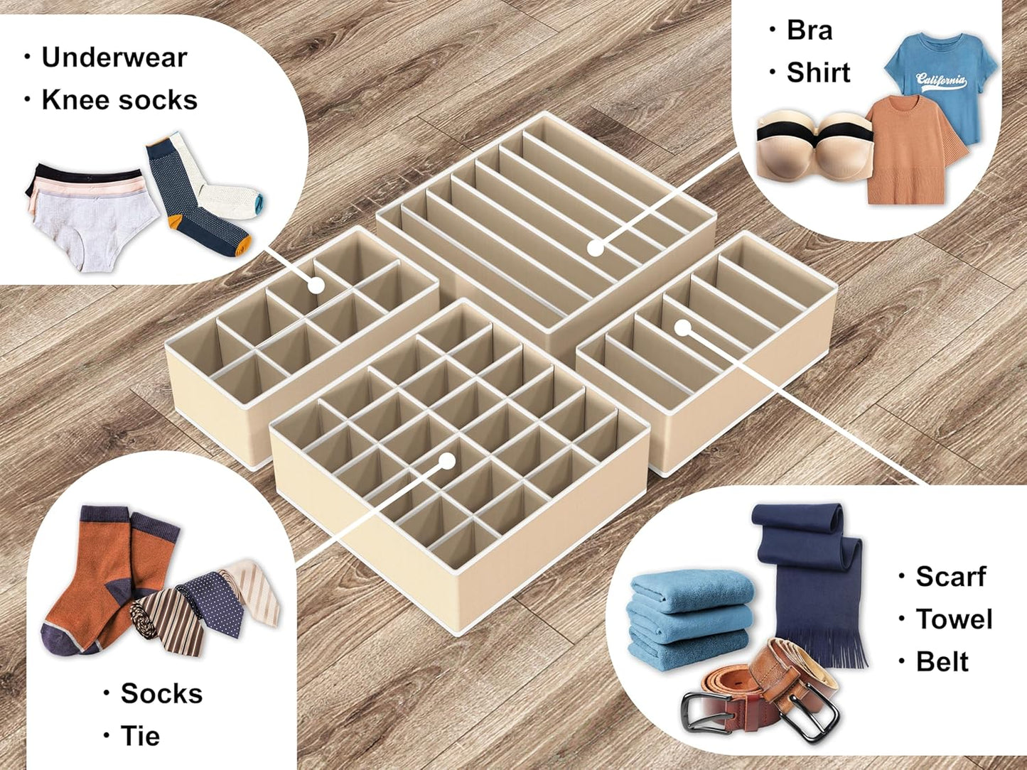 Simple Houseware 4-Pack Drawer Organizer Set - Closet Dividers for Underwear, Socks, Bras, Scarves, Ties - Foldable Non-Woven Storage Boxes, Beige
