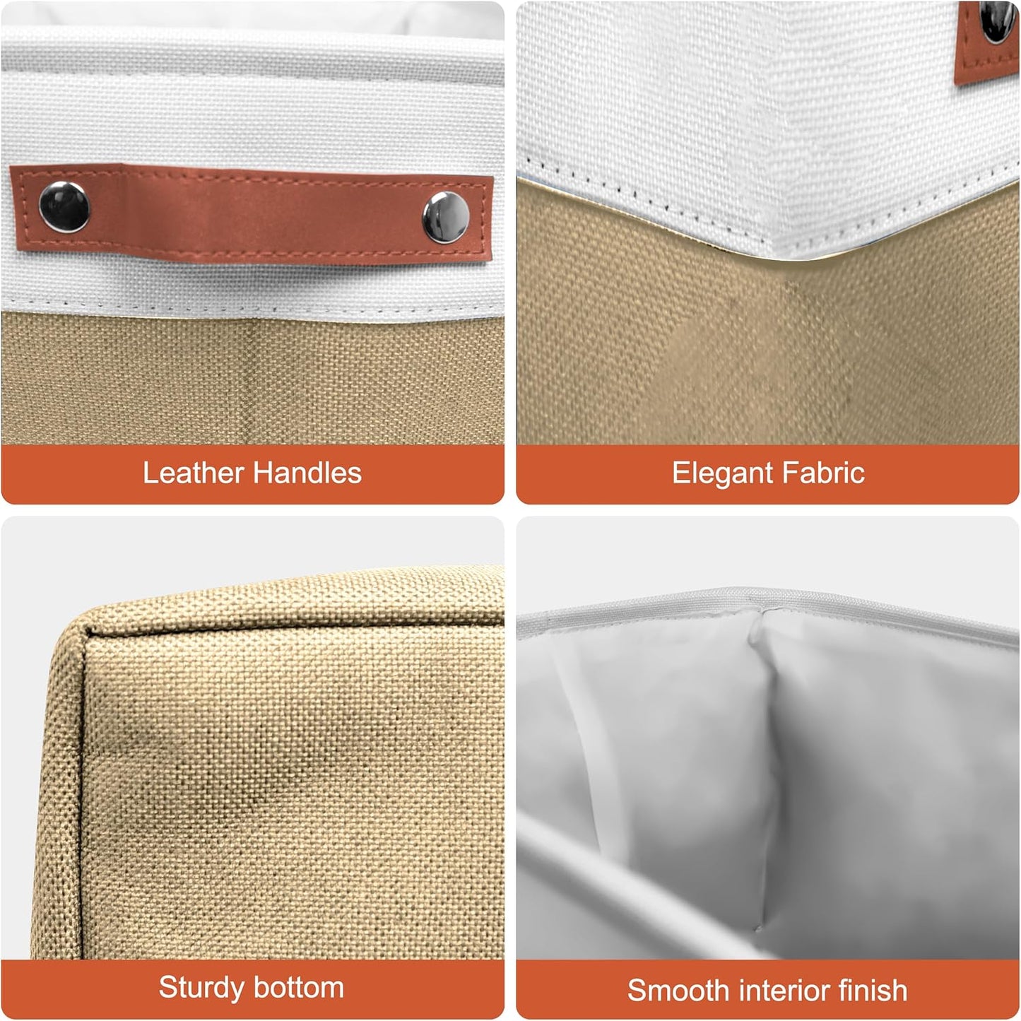 12in Open Fabric Storage Basket with Leather Handles for Organizing, Collapsible Linen Closet Bins for Shelves, Closets, Laundry, Decorative Basket for Gifts. (White＆Khaki, 2PCS/12x12in)