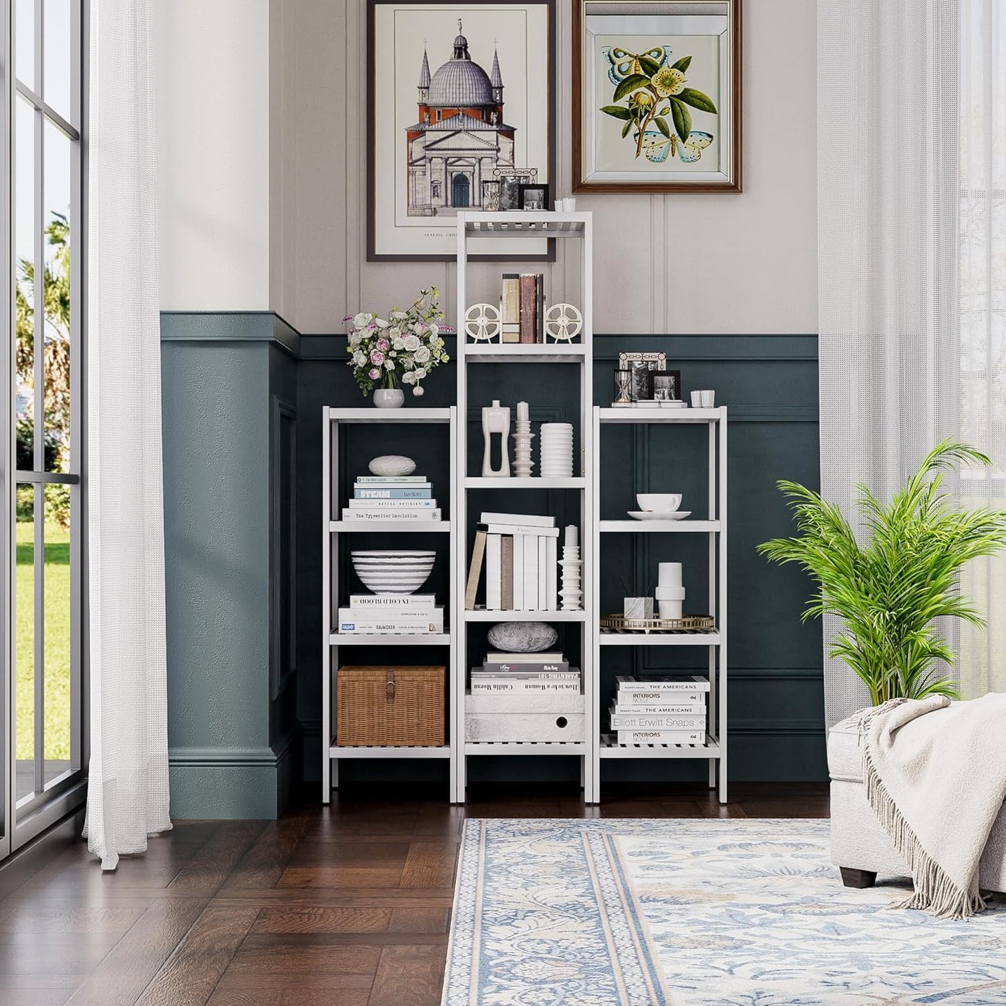 SMIBUY Bathroom Storage Shelf, 5-Tier Bamboo Rack Organizer, Multifunctional Shelving Unit for Living Room Bedroom Kitchen (White)