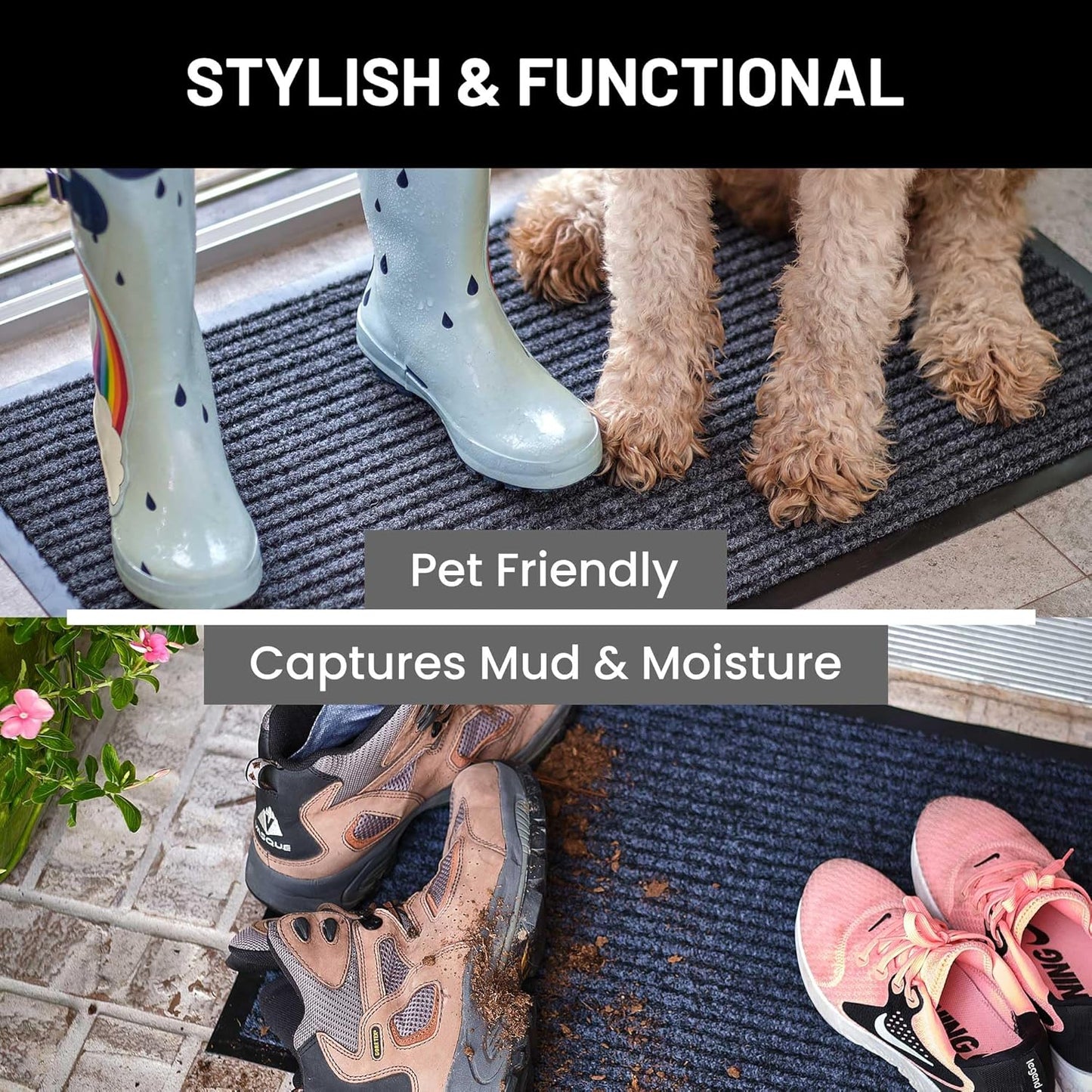 Sierra Concepts Front Door Mat Large Welcome Floor Mats - Entryway Indoor Outdoor Entrance Doormat, Patio, Porch, Muddy Dog Shoe, Inside Outside Low Profile 36x24in, 2-Pack Blue