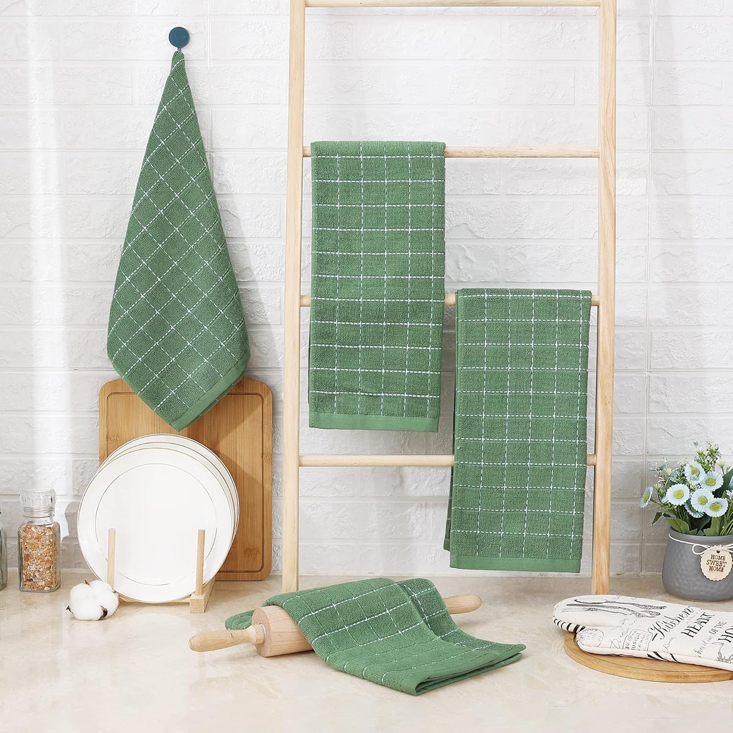Homaxy 100% Cotton Terry Kitchen Towels(Grass Green, 13 x 28 inches), Checkered Designed, Soft and Super Absorbent Dish Towels, 6 Pack
