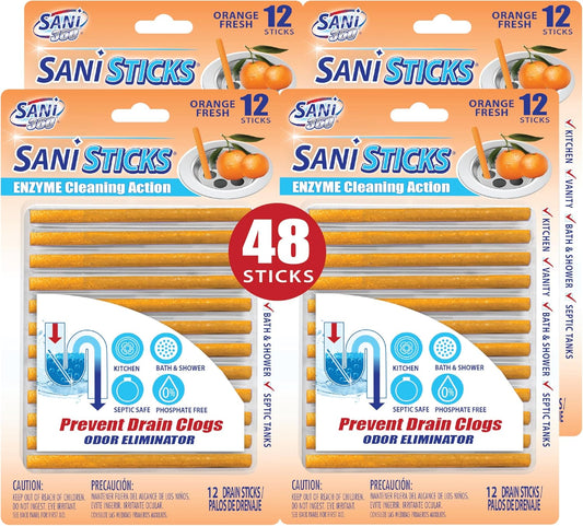SANI 360° Sani Sticks Drain Cleaner and Deodorizer, 48 Count, Orange Scent Enzyme Pipe Cleaners, Eliminate Odors, Prevent Clogged Drains, Safe for Sinks, Bathtub Drains, Septic Tanks