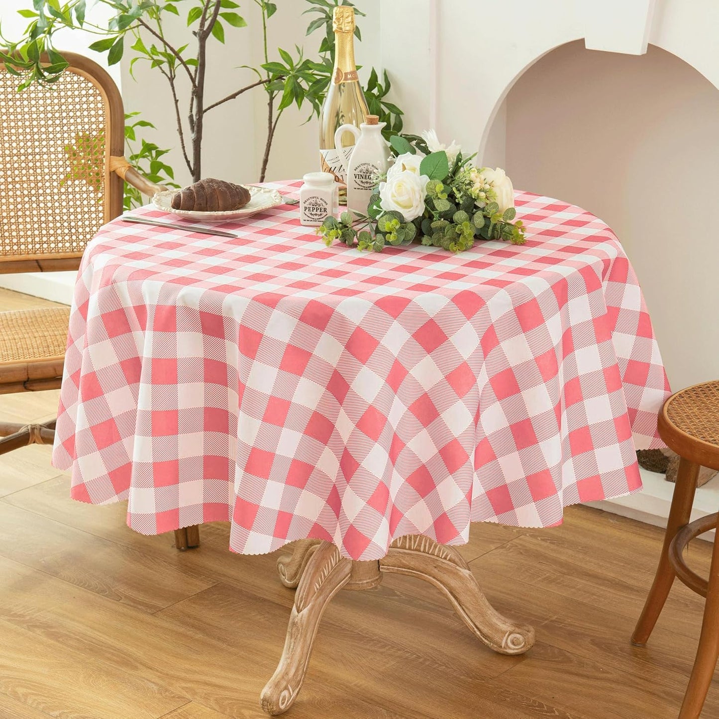 Waterproof Plaid Tablecloth Fabric - Round 70 Inch Classic Gingham Checker Table Cloth for Indoor/Outdoor Use - Buffalo Table Cover for Picnics, BBQs, and Parties
