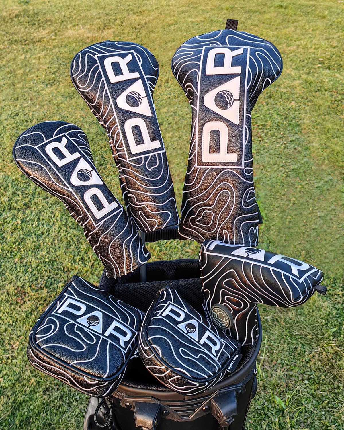 Big Teeth Golf Club Covers Full Set Driver Headcover Fairway Wood Hybrid Golf Club Iron Head Covers, Topographic Edition Putter Cover Leather Golf Head Covers Pure Black, Gifts for Men