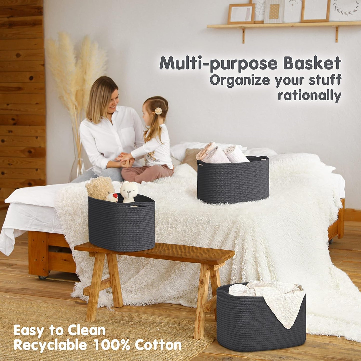 CHAT BLANC Cotton Rope Baskets for Organizing | Storage Baskets for Shelves | Rope Basket for Storage, Small Laundry Woven Baskets for Dog Toy Bin, Baby items, Graphite 3 Pack