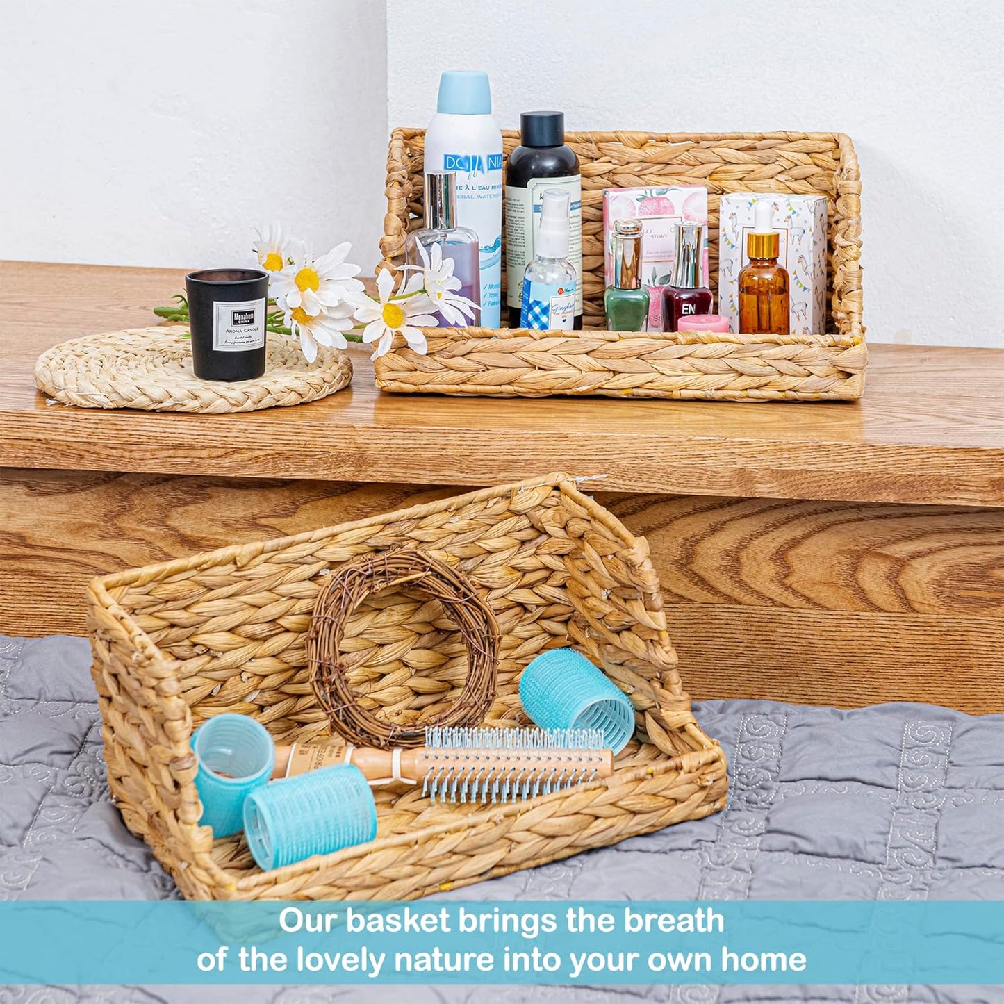 VATIMA Water Hyacinth Storage Baskets for Organizing, Medium Open-Front Wicker Basket for Kitchen, for Shelves, 11.8” x 7.5” x 5.5”, 2 Pack