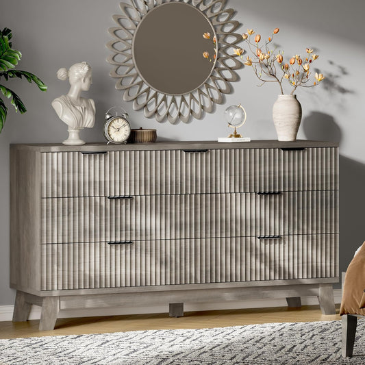 Fluted Dresser with 7 Drawers, 58" Wide Modern Chest of Drawers with Metal Handle, Wooden Dresser TV Stand, Wood Closet Clothes Storage Organizer for Bedroom, Living Room, Hallway, Light Grey
