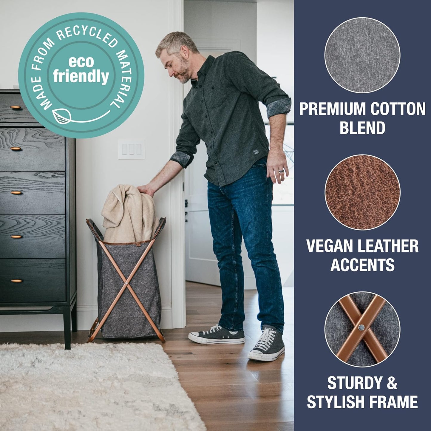 CleverMade Collapsible Laundry Hamper X-Frame Laundry Basket - Heather Gray 71L / 18 Gal - Space Saving Storage Container Organizer Stylish Home Decor