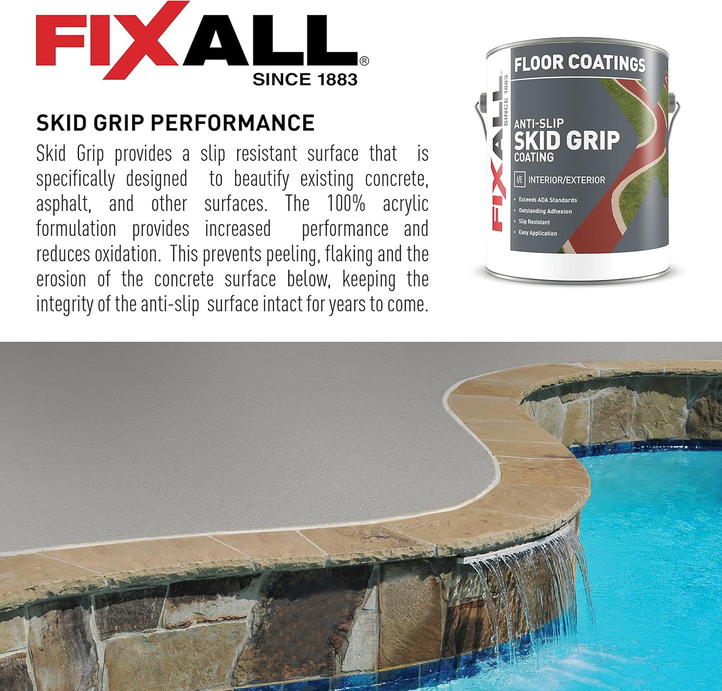 FIXALL Skid Grip Anti-Slip Coating, 1 Gallon, Crimson, Exceeds ADA Standards, Ideal for Safety Areas, Slip-Resistant Pavement, Cement & Concrete Paint