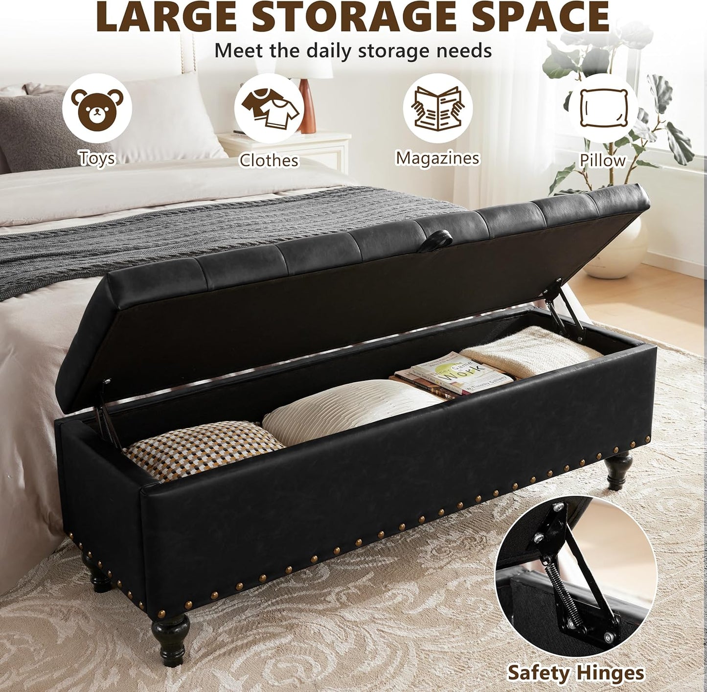 50" Storage Ottoman Bench, Tufted Ottoman with Storage for Living Room, Large End of Bed Ottomans, Modern Entryway Benchs, Window & Bedroom Benches for Foot of Bed (Black)