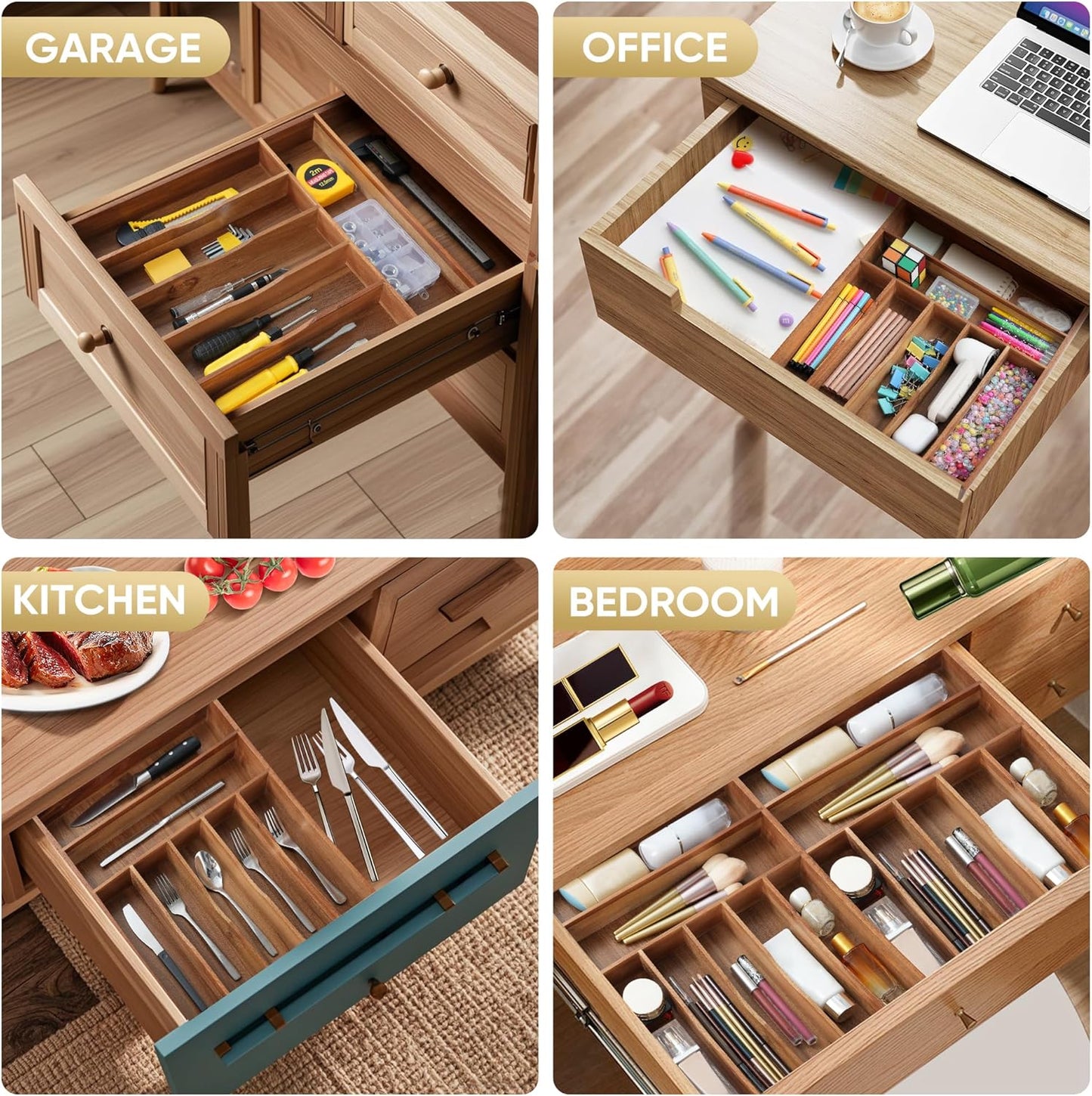 Silverware Organizer, 12.5 Inch Utensil Organizer Kitchen Drawer Organizer Acacia Silverware Holder Cutlery Tray Organizer in Drawer Flatware Organizer Tray(7 slots, Acacia）
