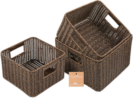 myHomeBody Wicker Storage Basket, Storage Cubes, Woven Baskets for Organizing, Resin Wicker Set of 3, Rustic Brown