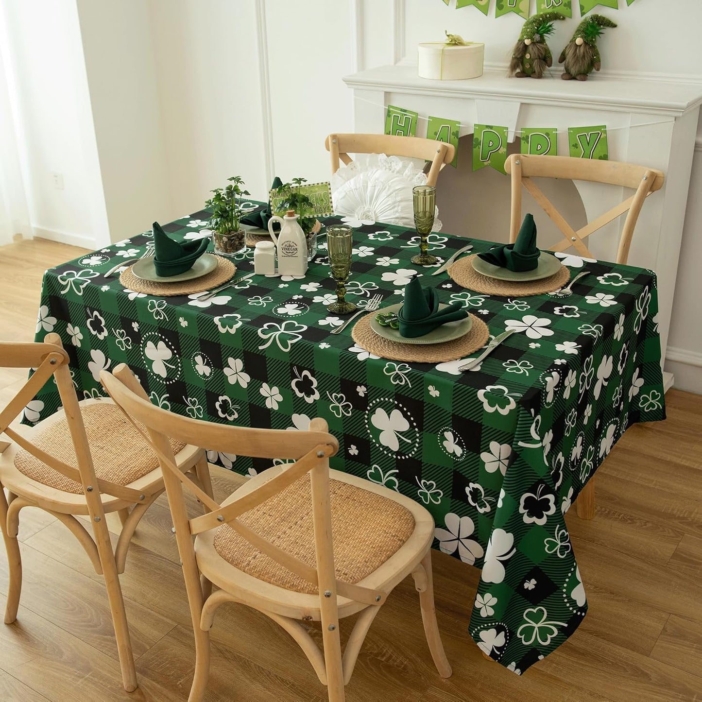Saint Patricks Day Classic Buffalo Shamrock Tablecloth Fabric - Oblong 58x144 Inch Water Proof Checkered Table Cloth for Indoor Outdoor - Irish-Themed Gifts Table Cover for Holiday, Party