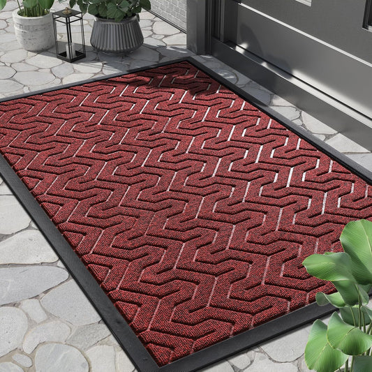 Yimobra Front Door Mat Outside Entrance 29.5x17, Waterproof Heavy Duty Outdoor Mats for Front Door, Non Slip Rubber Entry Mat for Garage Patio, Black Red