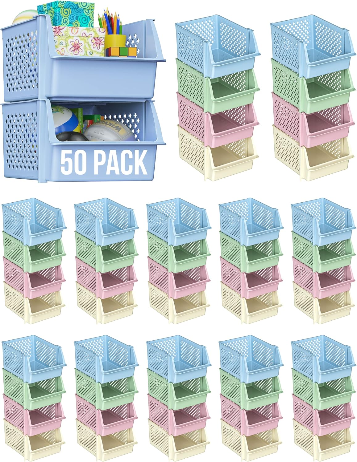 Skywin Plastic Stackable Storage Bins for Pantry - Stackable Bins For Organizing Food, Kitchen, and Bathroom Essentials (Multi - 50 Pack)