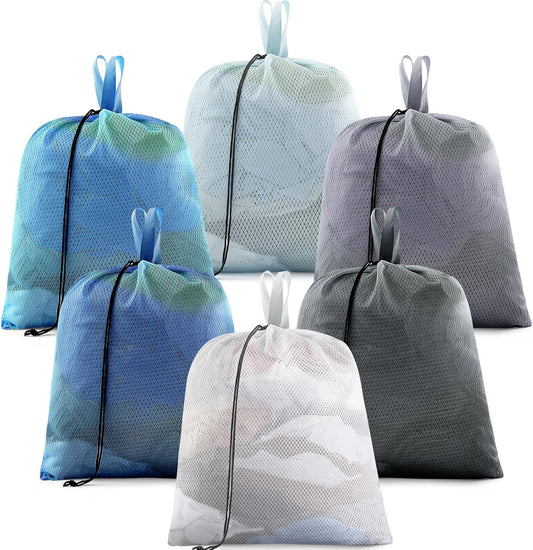 6 Pack 20 x 17 Inches Blue Mesh Laundry Bag with Handles Machine Washable Secure Drawstring Closure Large Sturdy Mesh Net Laundry for College Travel Dorm Laundromat