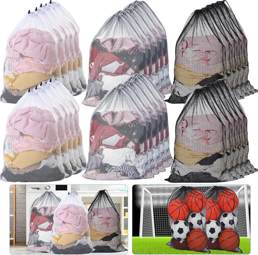 Berlune 30 Pack 24 x 36 Inches Large Mesh Bags for Laundry, Wash bags, Sturdy Mesh Material Closed with Drawstring, Factory, University, Dormitory, Travel and Apartment Dweller (White, Black, Gray)