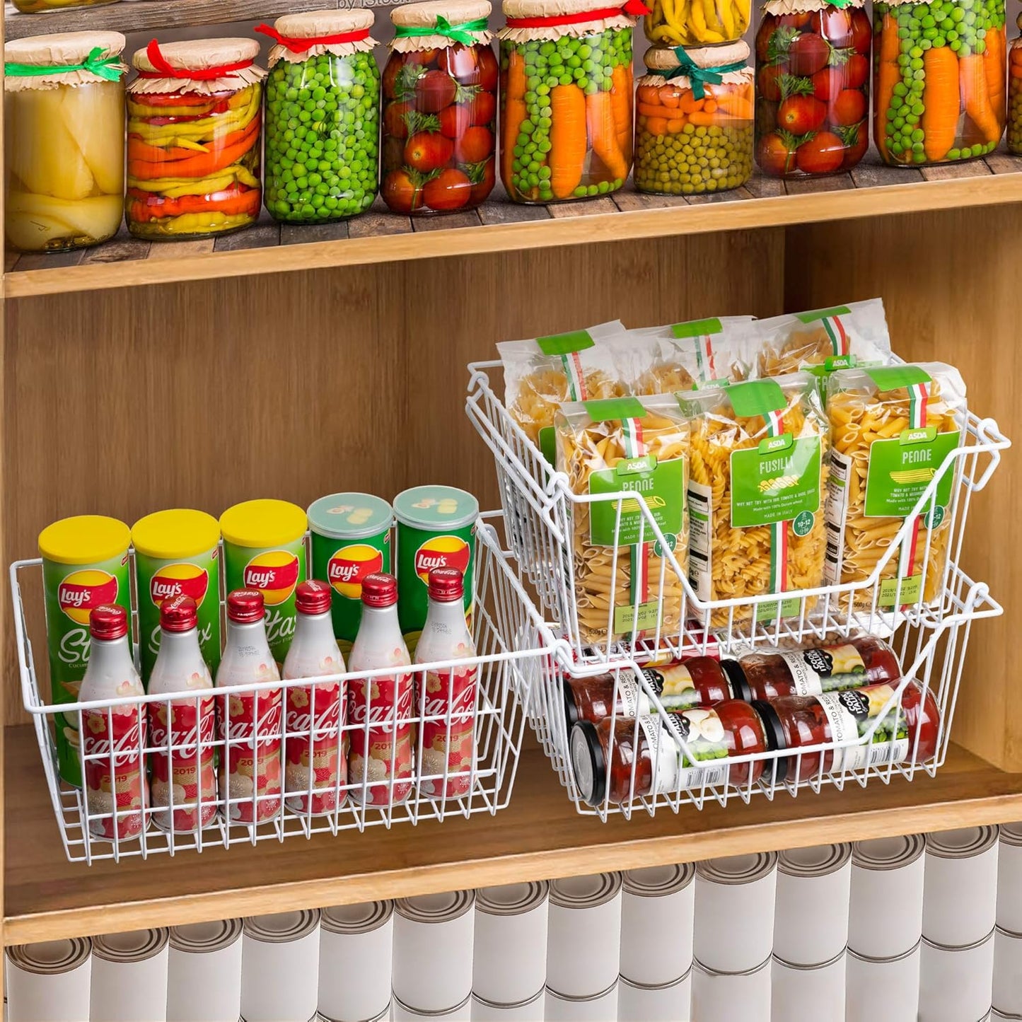 SANNO Wire Metal Baskets Freezer Baskets Farmhouse Organizer Storage Bins Large Organizer Bins for Shelf Storage, Office, Bathroom, Pantry Organization Storage Bins Rack with Handles-Set of 6