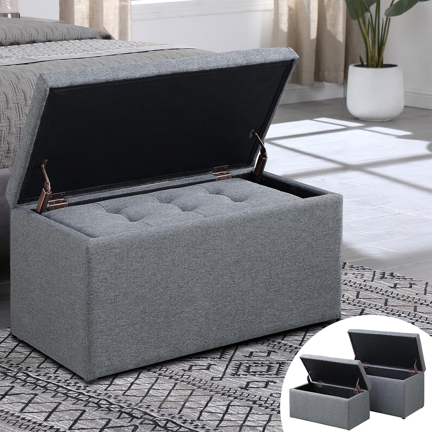 Storage Ottoman Bench with 2.56-inch Thick Seat, 31.5 inch Nesting Ottoman Set of 2, Hinged Flip Top Bench with Storage for Living Room, Bedroom, Grey