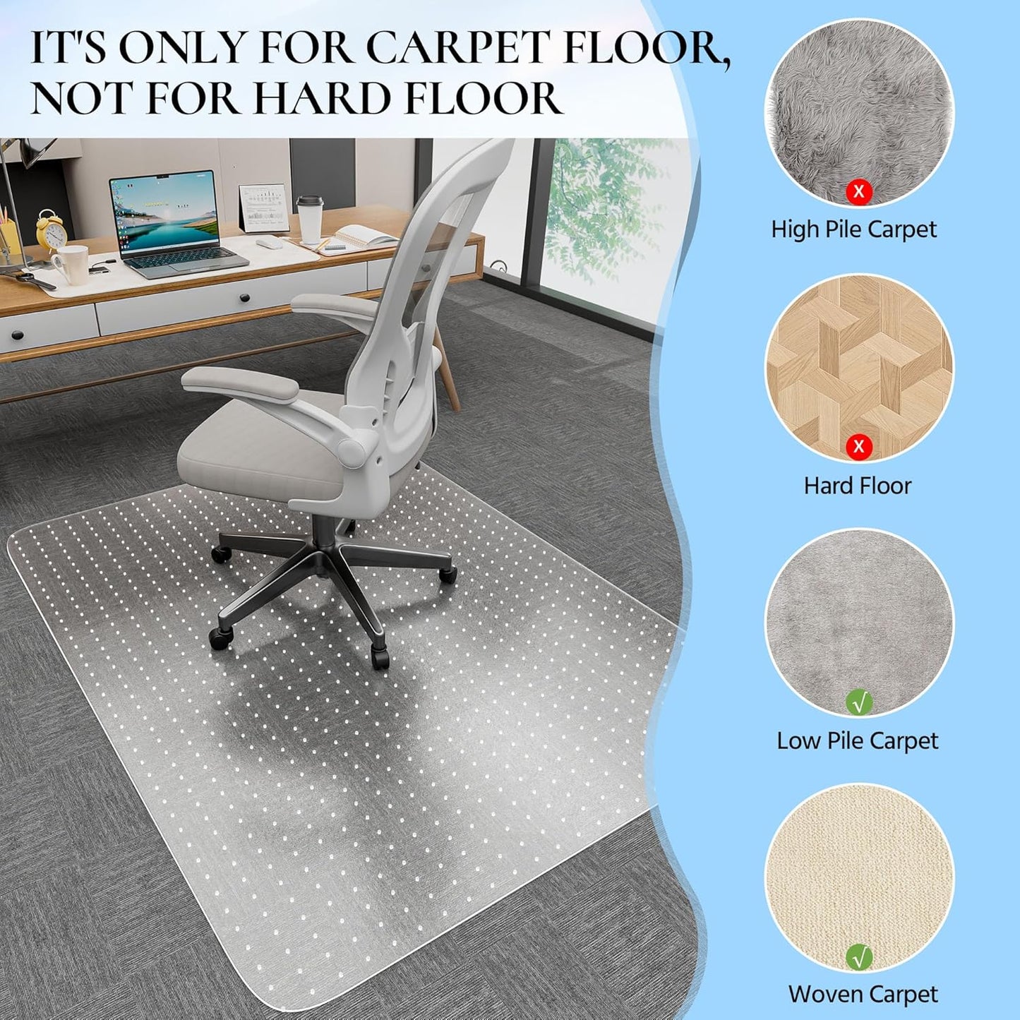 Office Chair Mat for Carpet, 53" x 45" Studded Desk Chair Mat for Low Pile Carpeted Floors, Transparent Carpet Protector Mat for Office Chairs