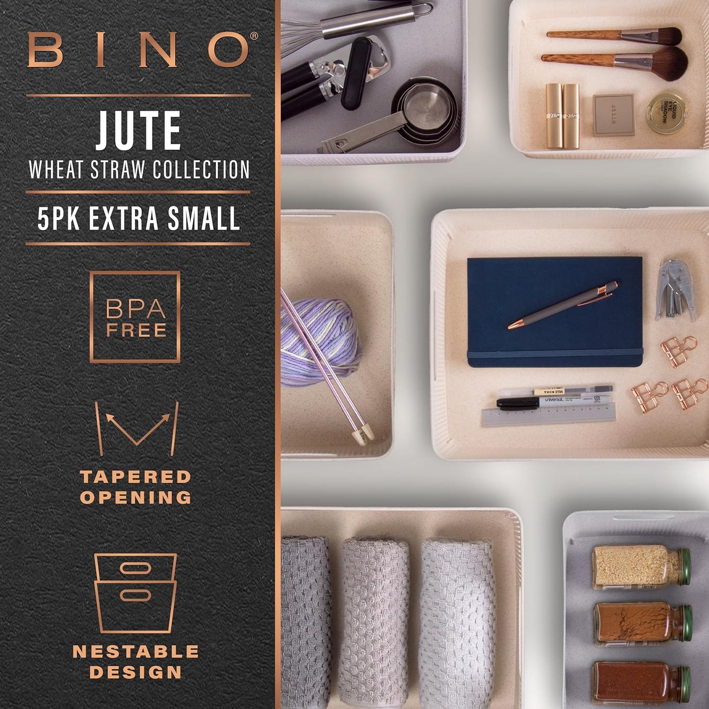 BINO | Woven Plastic Basket | XS (Natural Grey), 5-Pack | THE JUTE COLLECTION | Home Organization, Space - Saving Storage, Stylish Design | Jute Basket | Plastic Storage Basket