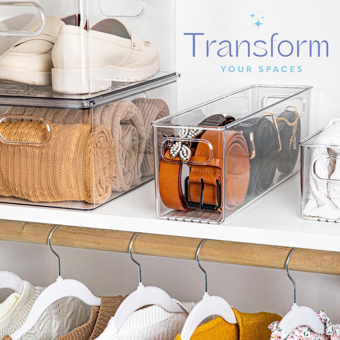 Plastic Food Storage Clear Container Bin with Handles for Organizing Kitchen, Pantry, Fridge, Freezer, Pantry,Bathroom. 16"x4"x5"