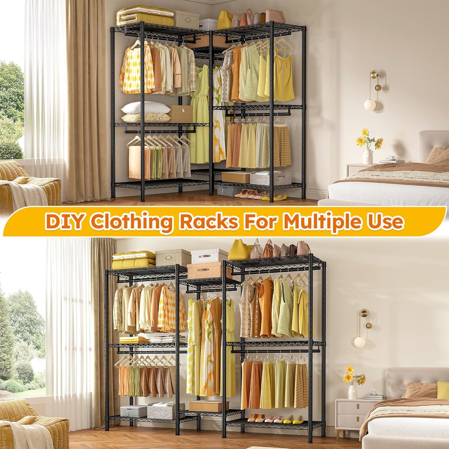 Raybee Clothes Rack,Clothing Racks for Hanging Clothes Heavy Duty,Adjustable Garment Rack with Shelves,Clothing Rack Max Load 905LBS,75" W x 77" H x 17.8" D,Black