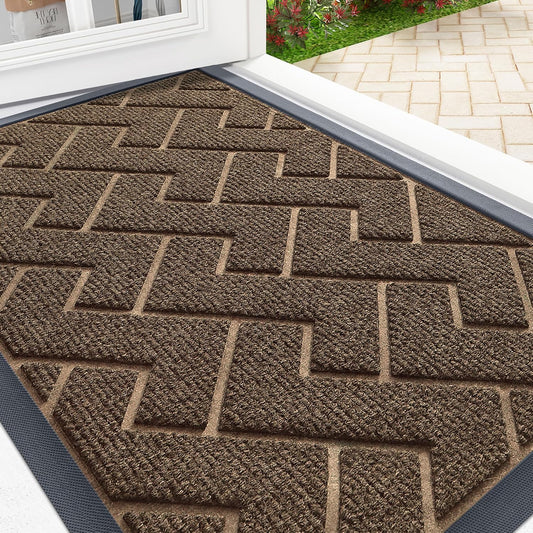 OLANLY Front Door Mat Indoor Outdoor Entrance, Waterproof All-Season, All-Weather Doormat, Sturdy Natural Rubber, Low Profile, Easy Clean Patio Porch Entryway Mat, Herringbone Brick (Brown, 47x32)