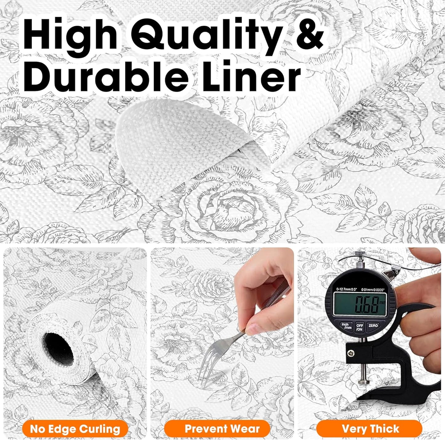 Drawer and Shelf Liners for Kitchen Cabinets Non-Adhesive Cabinet Liners Strong Grip Non Slip Waterproof Contact Paper for Cabinets and Drawers Shelves Cupboard,Flower,12IN X 20FT