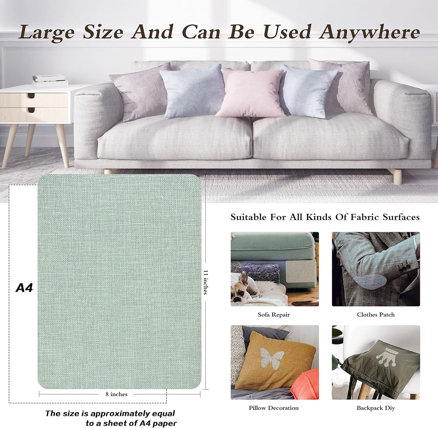 KING MOUNTAIN Coarse Linen Repair Patches, Self-Adhesive Linen Fabric Patches, 8X11 inch Extra Size, Multi Color, Can be Used for Linen Sofa Repair and Linen Clothes Repair(8" x 11",Light Green)