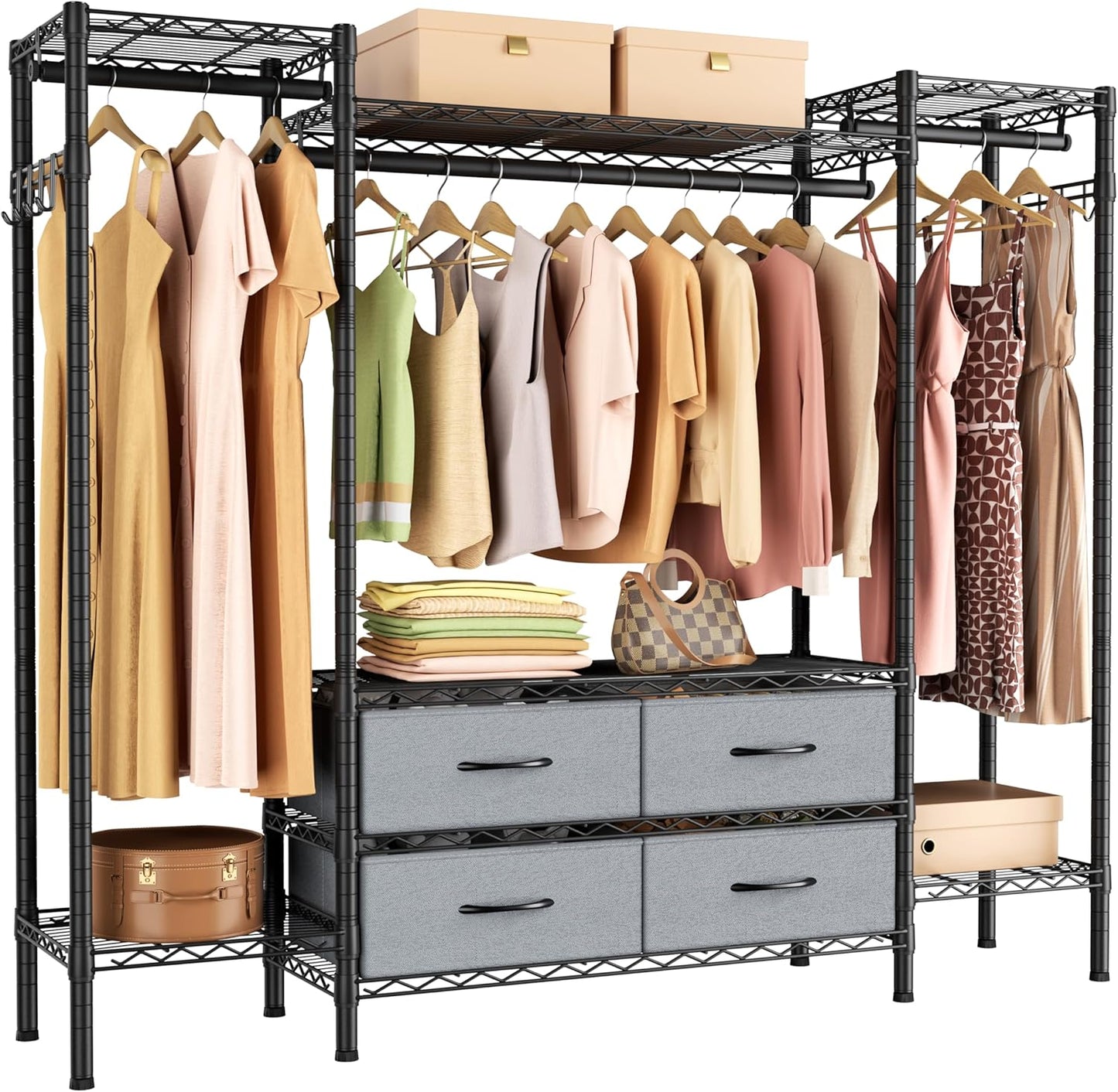 Large Garment Rack Heavy Duty Clothes Rack,Freestanding Closet Portable Clothing Rack with 8 Adjustable Wire Shelves,3 Hang Rods,4 Fabric Drawers,2 Hooks,Metal Closet Storage Wardrobe,MaxLoad 900lbs