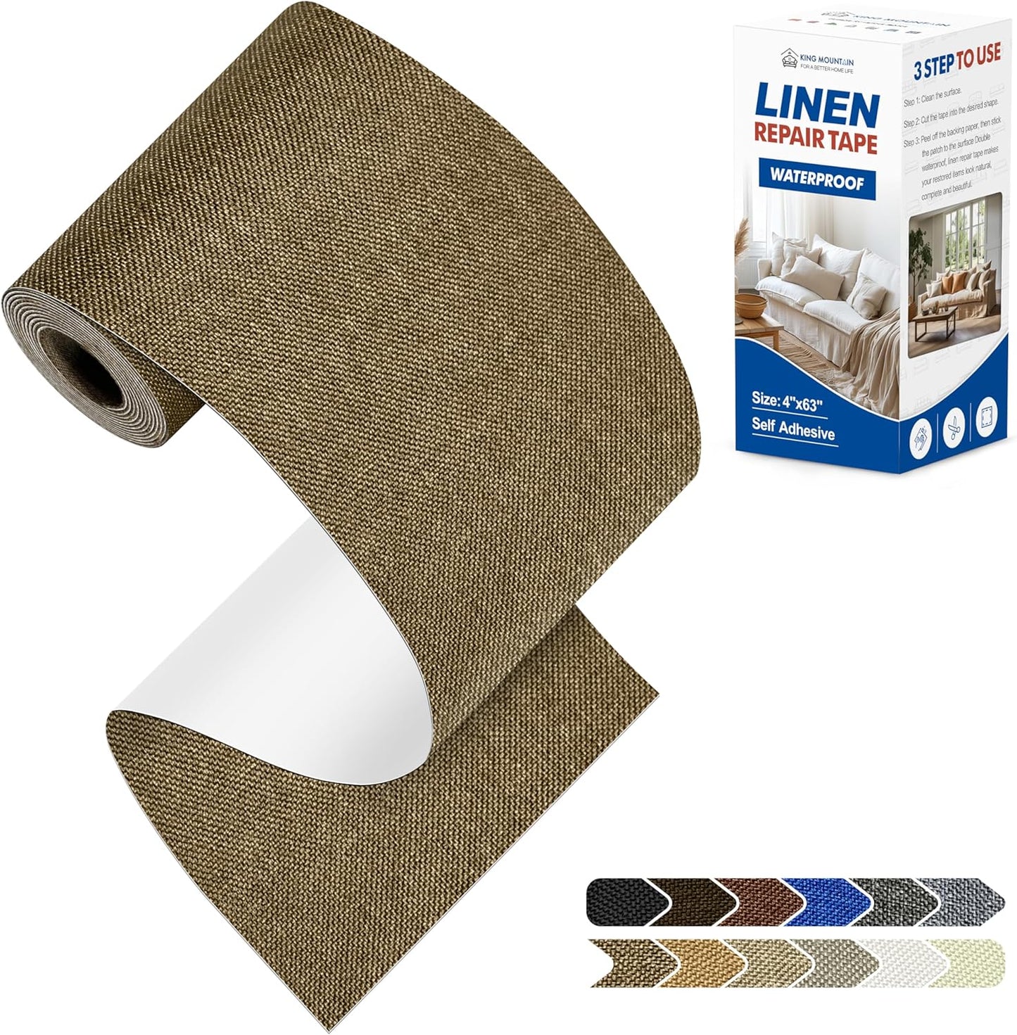 KING MOUNTAIN Linen Repair Patches, Self-Adhesive Fabric Patches, 4 X 63 inch Extra Size, Multi Color, Can be Used for Sofa Repair and Linen Clothes Repair (Brown)