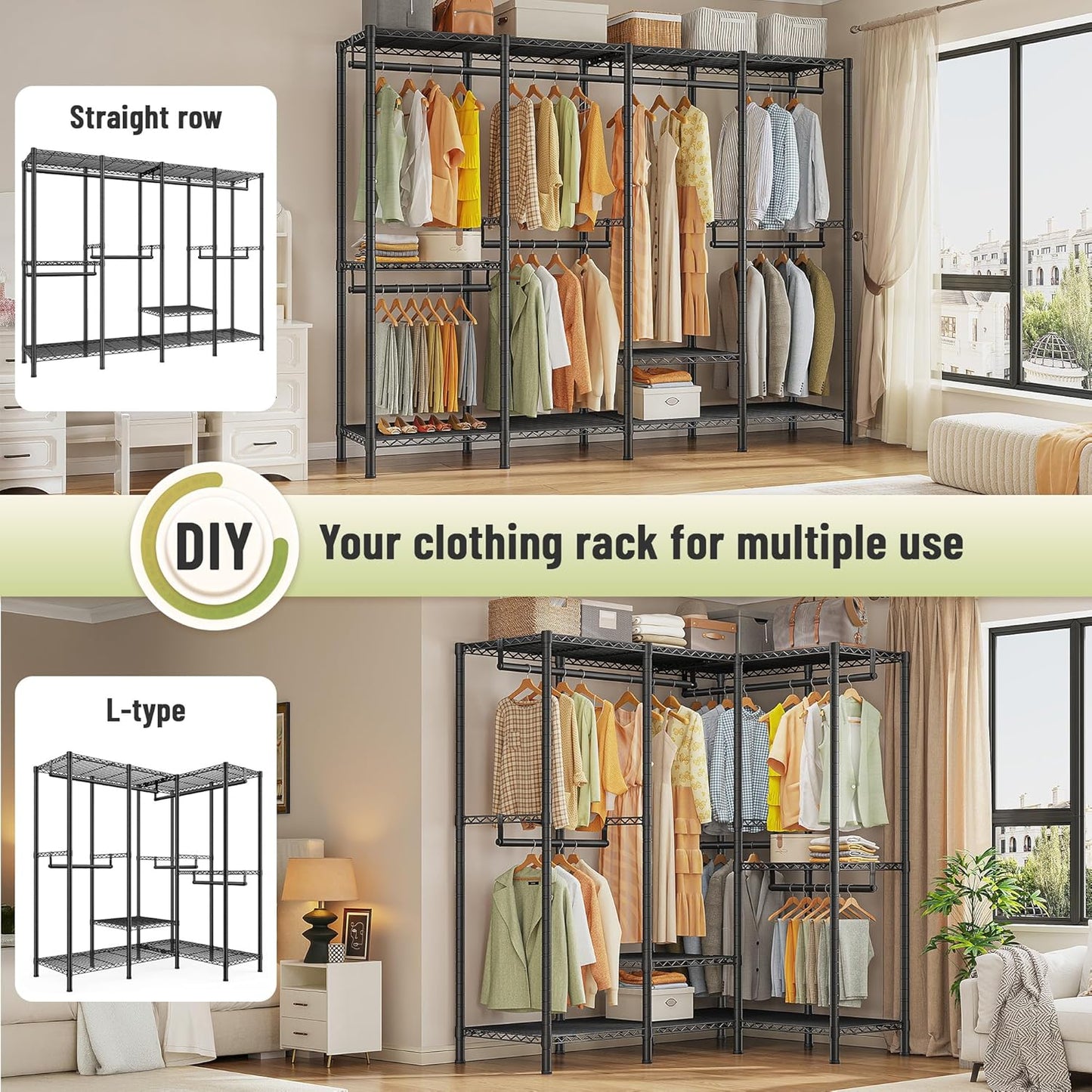 Raybee Heavy Duty Clothes Rack for Hanging Clothes,Clothing Rack with Shelves, Adjustable,76" W x 77" H x 18" D,Max Load 1150lbs,Black