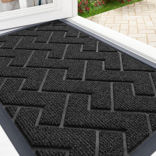 OLANLY Front Door Mat Indoor Outdoor Entrance, Waterproof All-Season, All-Weather Doormat, Sturdy Natural Rubber, Low Profile, Easy Clean Patio Porch Entryway Mat, Herringbone Brick (Black, 47x32)