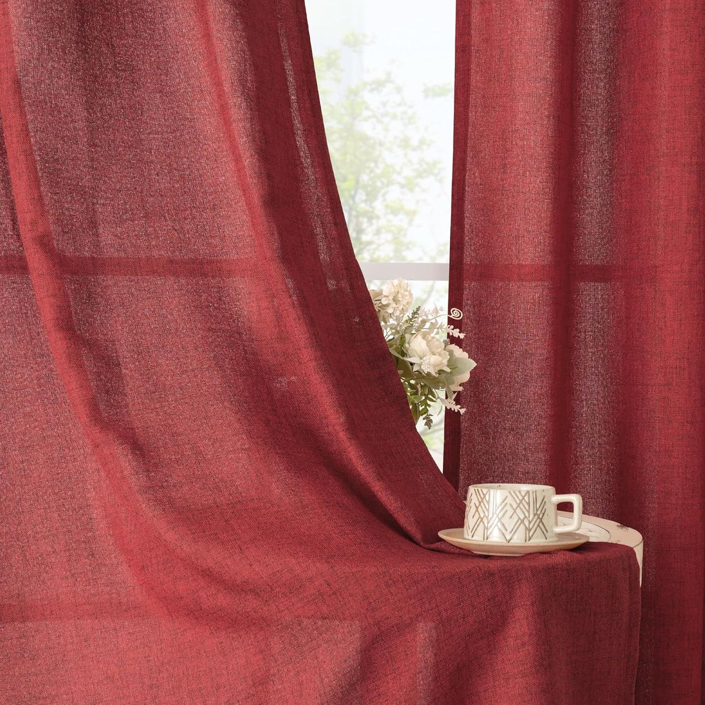 YoungsTex Red Linen Curtains 40 Inch Long for Kitchen, Small Semi Sheer Drapes with Rod Pocket Back Tab Light Filtering Christmas Decor for Bathroom Cafe Short Window, 2 Panels, 42 X 40 Inch