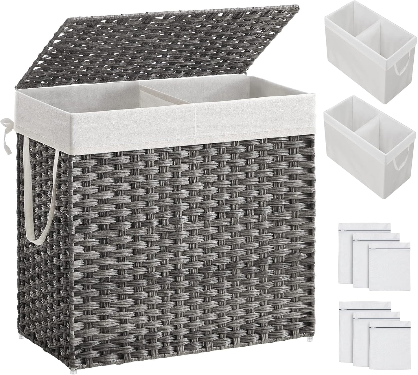 SONGMICS 130L Clothes Hamper with Lid, 2 Removable Liner Bags, 6 Mesh Bags, Wicker, Double Laundry Basket for Bathroom, 13 x 26 x 23.6 Inches, Gray ULCB253G01