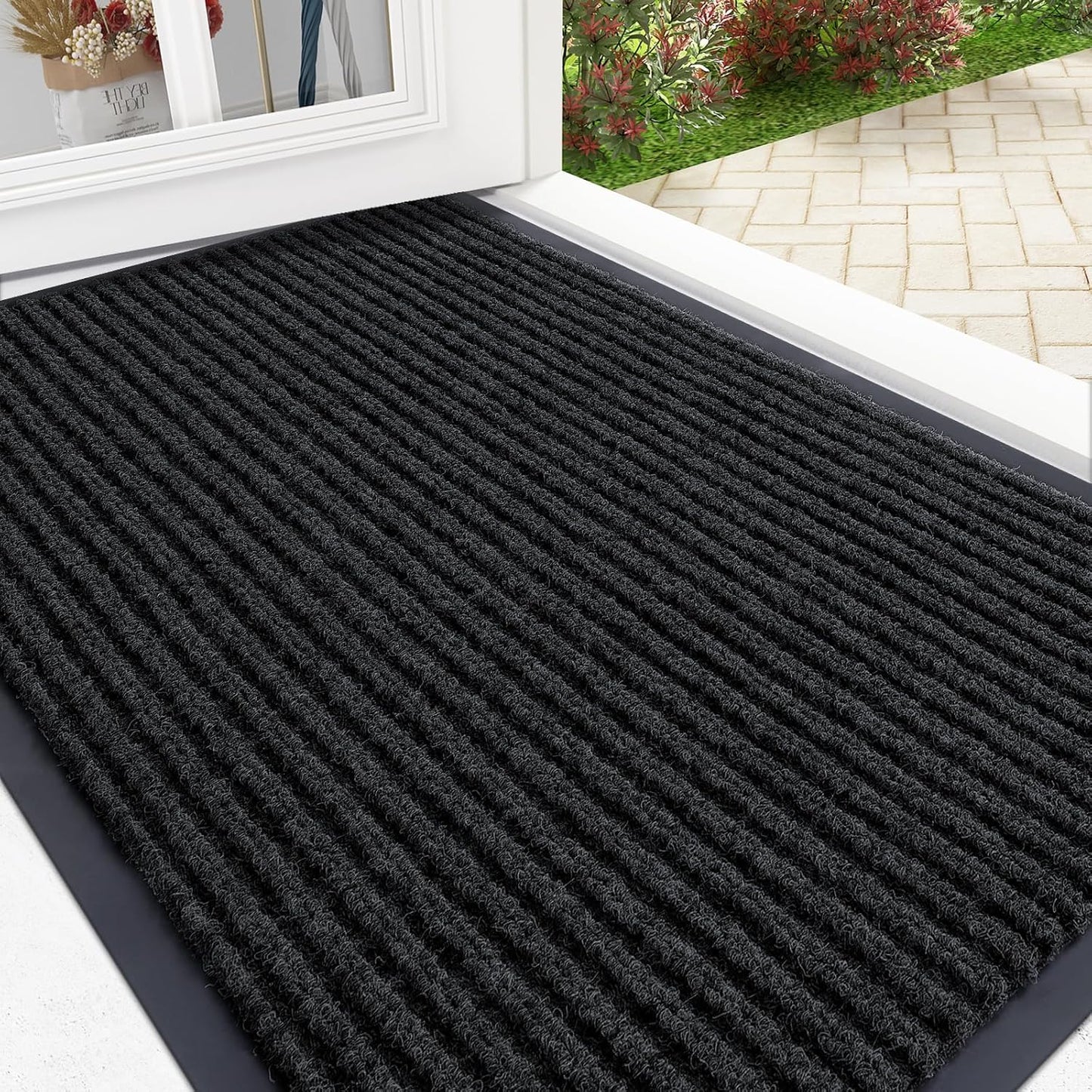 OLANLY Front Door Mat Indoor Outdoor Entrance, Waterproof Heavy Duty Doormat, Fade Resistant, Low Profile, Easy Clean Patio Porch Welcome Floor Mats for Entry, 29.5x17, Black