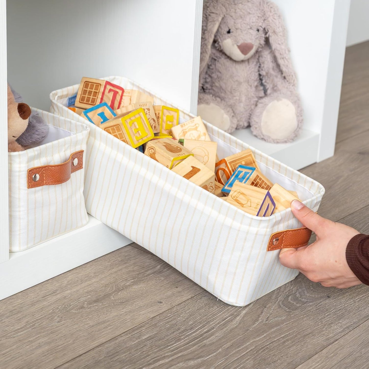 OrganiHaus Narrow Storage Bins 15x06in, Small Closet Bins for Shelves, Bathroom Storage Baskets, Narrow Baskets, Fabric Organizer with Handles, Toilet Paper Organizer - 2 Pack, White w/ Brown Stripes