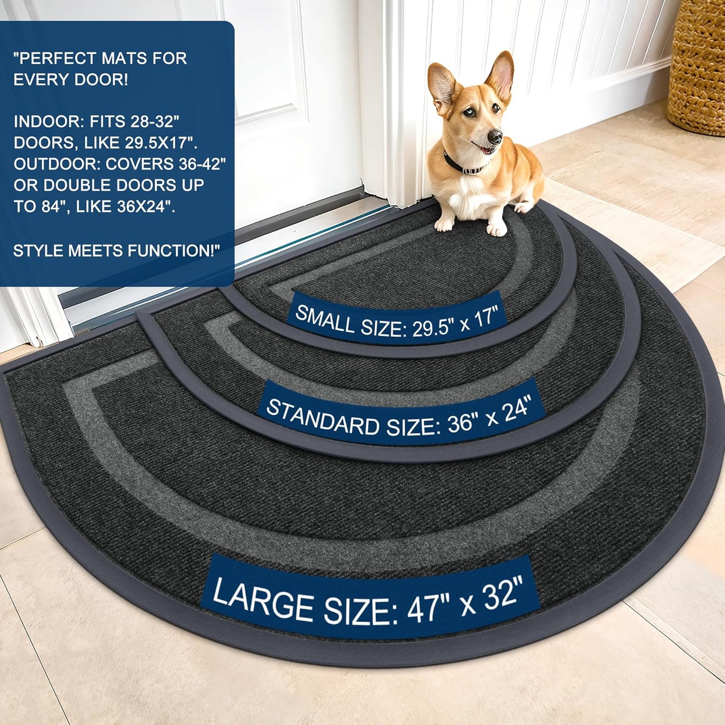 OLANLY Half Circle Door Mat Indoor Outdoor Entrance Welcome, Waterproof All-Season, All-Weather Doormat, Sturdy Natural Rubber, Low Profile, Easy Clean Patio Porch Entryway Mat, 59x23, Black