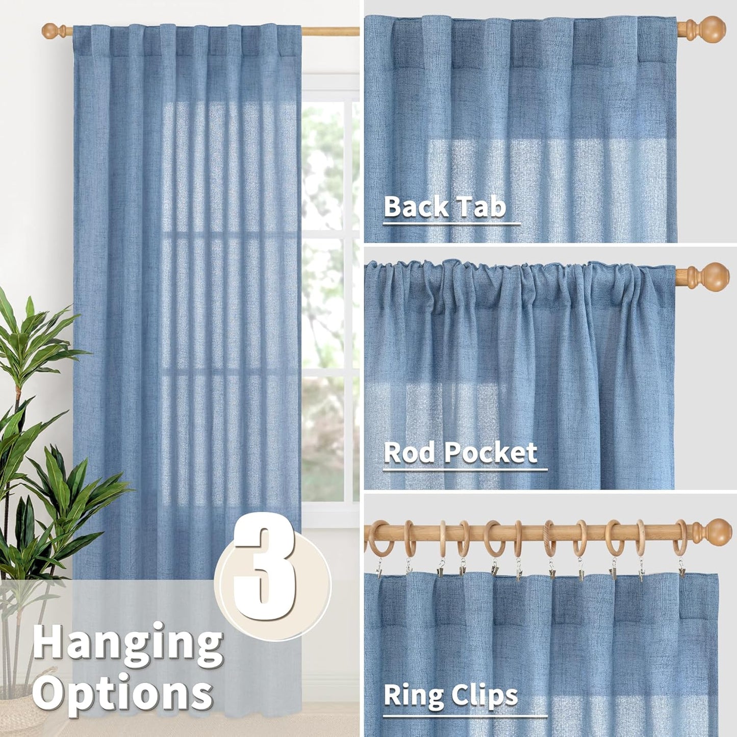 YoungsTex Denim Blue Linen Curtains 72 Inch Length for Living Room - Light Filtering Semi Sheer Drapes with Rod Pocket Back Tab Privacy Coastal for Bedroom, 2 Panels, 52 x 72 Inch